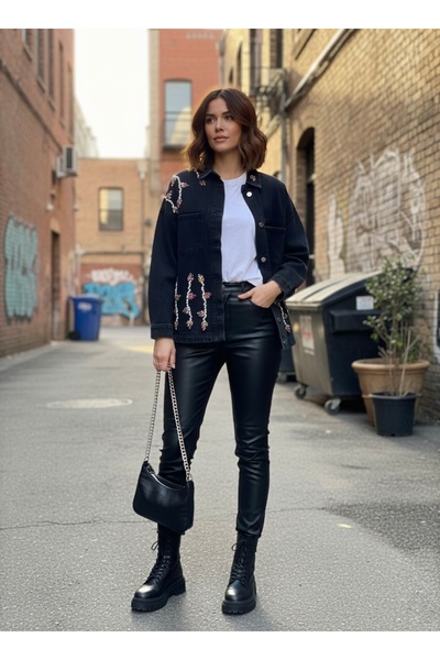 atölyekaftanbutik Black Women's Embroidered Design Denim Jacket Shirt Coats