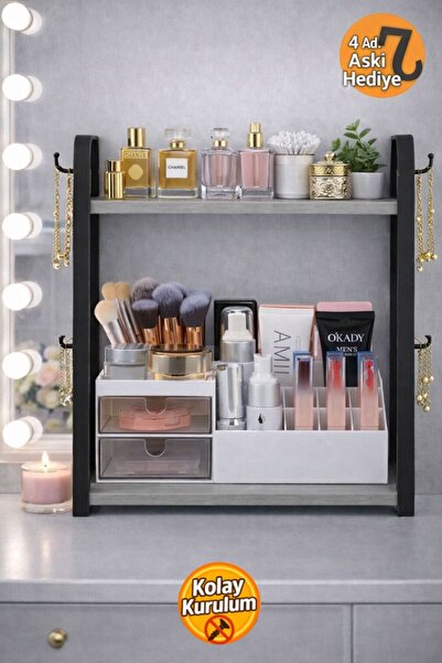 Bambus 2 Katlı Kozmetik Banyo Takı Düzenleyici Çok Amaçlı Organizer Askı Hedi...