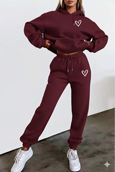 NO 601 Women's Burgundy Heart Printed Hooded Burgundy Tracksuit Set