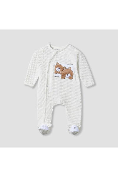 Juniors بيجامة نوم برقبة دائرية مزينة بتطريز دب - مزيج من القطن - أكمام طويلة