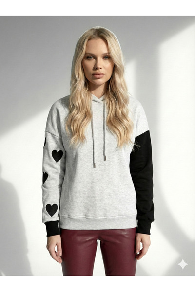 ribana Women's Hooded Three Thread Sh Fleece-Lined Double Color Sleeve Detailed Heart B Printed Soft Textured Cotton Inside Long