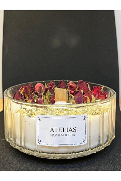 Atelias Cam Kasede Kurutulmuş Lavanta ve Güllü Ahşap Fitilli Dekoratif Kokulu...