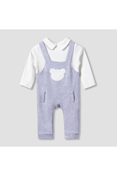 giggles Collared Sleepsuit with Bear Applique - Cotton - Long Sleeves