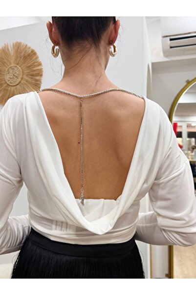 FASHION sırt degaje yaka taşlı bluz