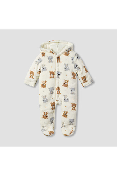 Juniors Teddy Bear Print Hooded Fleece Sleepsuit with Long Sleeves