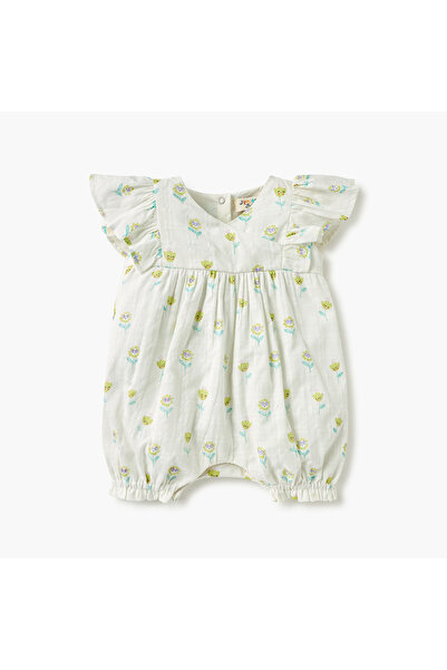 Juniors جمبسوت مطبوع عليه زهور بياقة على شكل حرف V وأكمام قصيرة