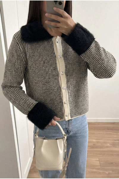 FEMELLE Women's Black Buttoned Knit Cardigan with Sleeves and Collar Detail