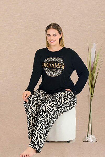 REN Set de pijamale negre pentru femei, mărime mare, top cu mâneci lungi cu imprimeu , partea de jos cu model zebră, buzunare, țesătură din viscoză