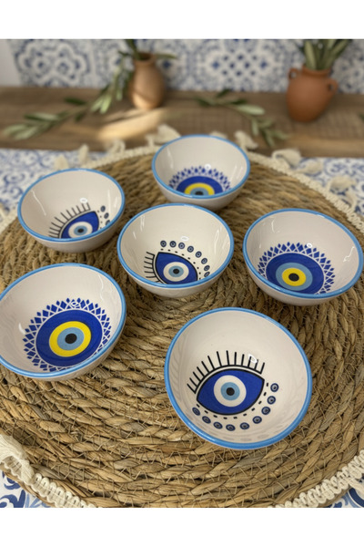 shop Nazar Boncuğu Desenli El Yapımı Seramik Kase 6 Adet - 8 cm