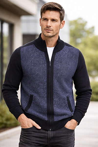 Desen Triko Men's Mock Neck Knitwear Coat Navy Blue