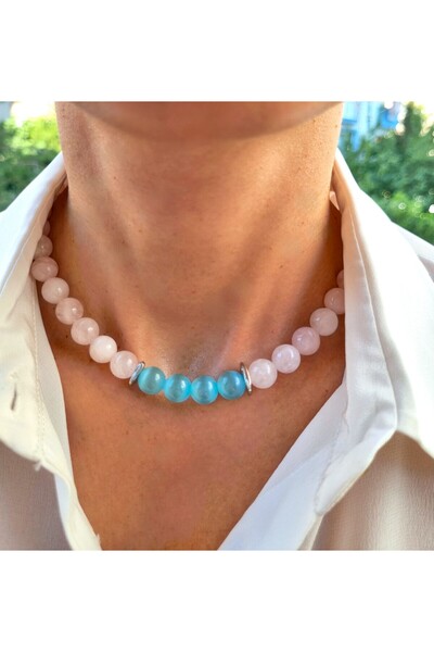 NEMOR STUDIO Pink Quartz and Blue Cat's Eye Pendant |   Simple Harmony