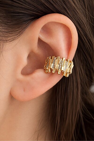 TAKIŞTIR Altın Ve Gümüş Renk Taş Detaylı 14K Altın Kaplama TX Ear Cuff (Tek)