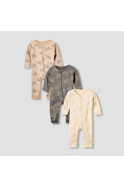 Juniors طقم بيجاما برقبة دائرية وطبعة حيوانية - قطن - أكمام طويلة - 3 قطع