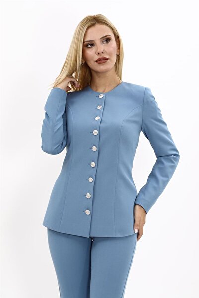 ÖNDER ÖZSOY سترة نسائية أنيقة بأزرار وياقة دائرية - لون البحر