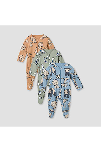 Juniors طقم بيجاما بنقشة جلد الحيوانات بأكمام طويلة وسحاب إغلاق - 3 قطع