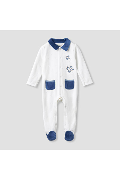 giggles Collared Closed Foot Sleepsuit with Aeroplane Embroidery - Cotton Ble...
