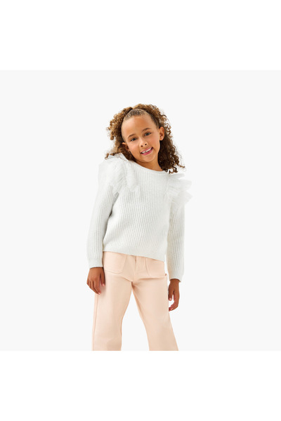 Juniors Textured Sweater with Long Sleeves and Tulle Detail