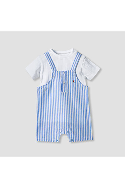 Juniors Solid T-shirt and Striped Dungaree Set