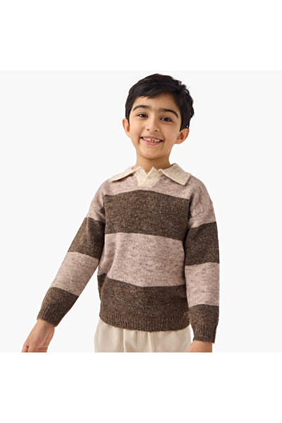 ELIGO Striped Pullover with Collar and Long Sleeves