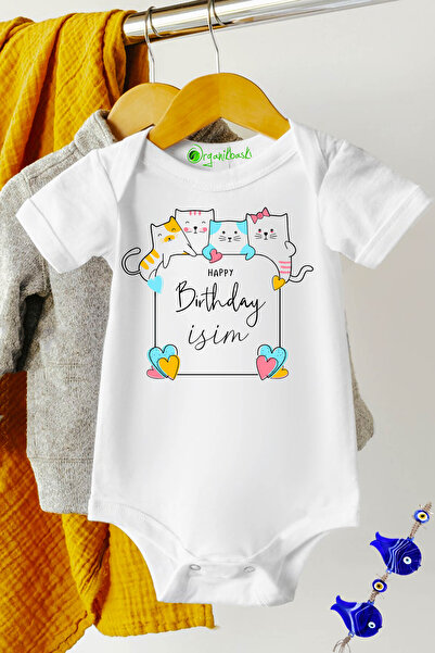 Baby&Baby Name Can Be Written Happy Birthday Cat Short Sleeve Snap-On Baby Bo...