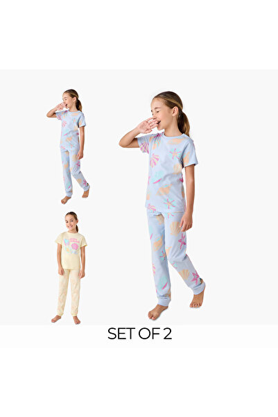 Juniors تيشيرتات وبيجامات مطبوعة بنقشة أصداف البحر - طقم من قطعتين