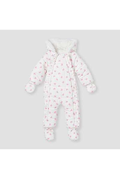 Juniors Bow Print Coverall with Hood and Ruffles