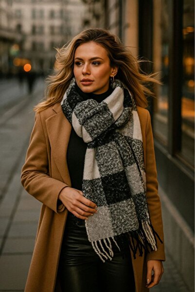 Benann Women's Black Patterned Scarf-Shawl