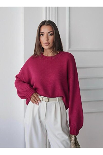 Maysev Crew Neck Balloon Sleeve Loose Fit Soft Touch Women's Sweater