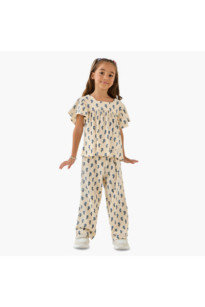 Juniors All-Over Floral Print Square Neck Top and Pants Set