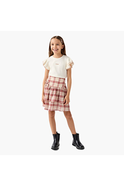 Juniors Ribbed Sleeveless Top and Checked Skirt Set