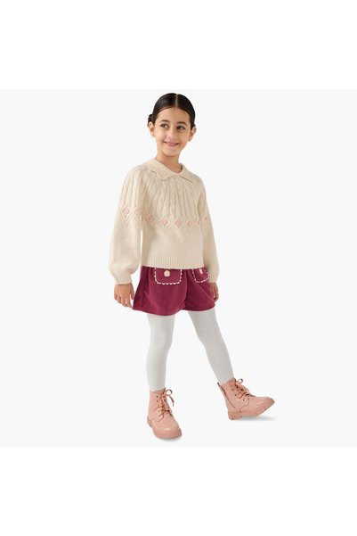 ELIGO Textured Collared Pullover with Shorts and Tights