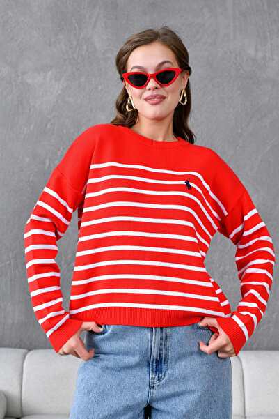 Park Karon Women's Crew Neck Embroidery Detailed Striped Knitwear Sweater 10272.Ctn
