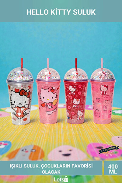 Letsii Hello Kitty Işıklı Boncuklu Pipetli Suluk 400ml Eğlenceli Çocuk Bardak