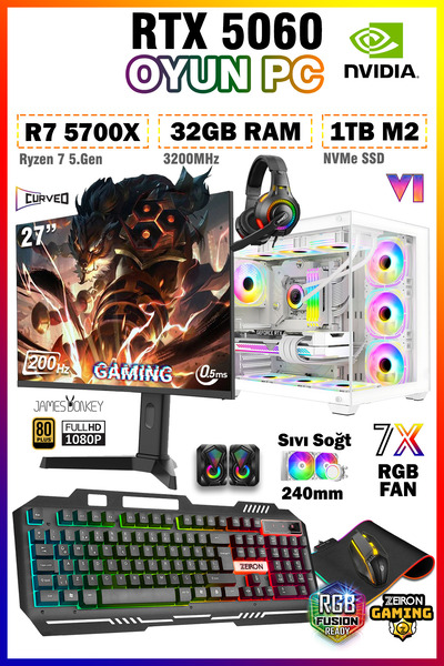 Zeiron W-Eagle X36 White Ryzen 7 5700X 32GB 1TB M.2 SSD RTX5060 27" 200Hz Sıv...
