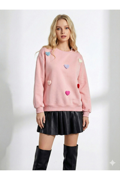 ribana Women's crew neck heart detail three-thread sweatshirt Fleece-Lined - soft textured, cotton-lined long sleeve