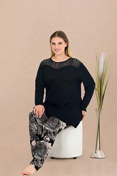 REN Set de pijamale negre pentru femei, cu tunica lungă, mărime mare, cu top lung și fund cu flori, țesătură din viscoză