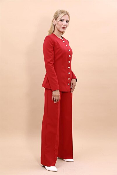 ÖNDER ÖZSOY Zero Collar Buttoned Jacket & Wide Leg Trousers-Red