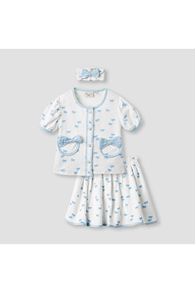 Juniors Bow Print Shirt with Skirt and Headband