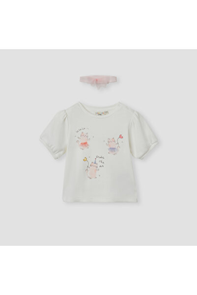 Juniors طقم بلوزة مطبوعة بنقشة قطة بياقة دائرية وعصابة رأس