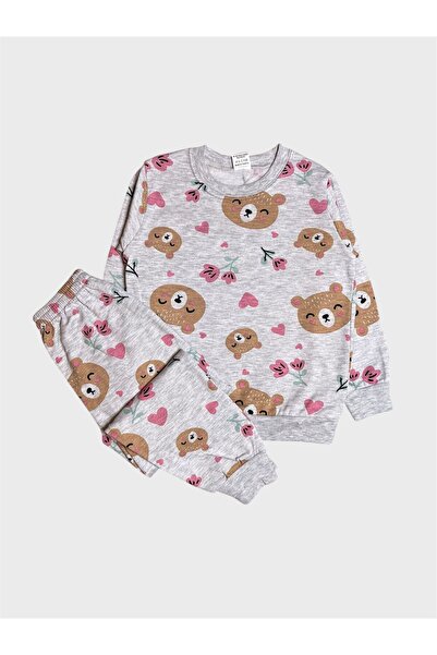 tusem butik homewear Girl's Cotton Fleece-Lined Gray Teddy Bear Patterned Long Sleeve Winter Pajamas Set
