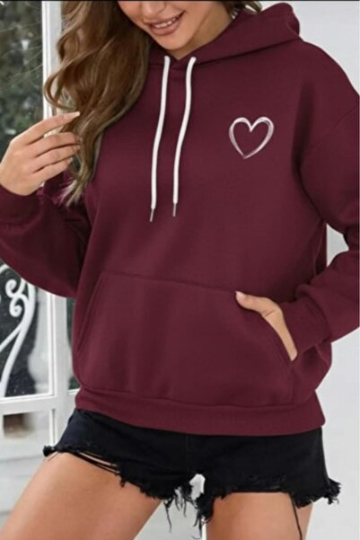 NO 601 Women's Burgundy Thick Heart Printed Hooded Sweatshirt
