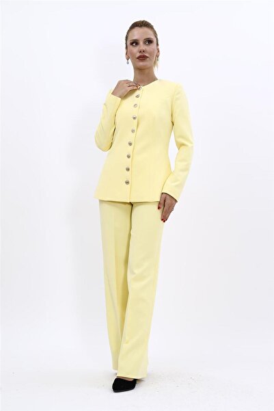 ÖNDER ÖZSOY O-Neck Buttoned Stylish Jacket & Wide-Leg Pants Women's Suit-Yellow