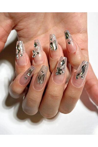 NailsTell 063 XS Beden Balerin Nude Taşlı Simli Protez Jel Takma Tırnak Ve Ak...