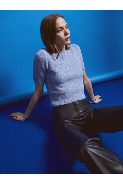 Dilvin 10651 Wool Blend Short Sleeve Sweater-Indigo M.