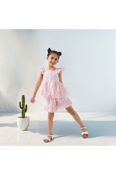 Juniors Fruit Print Sleeveless Peplum Top and Shorts Set