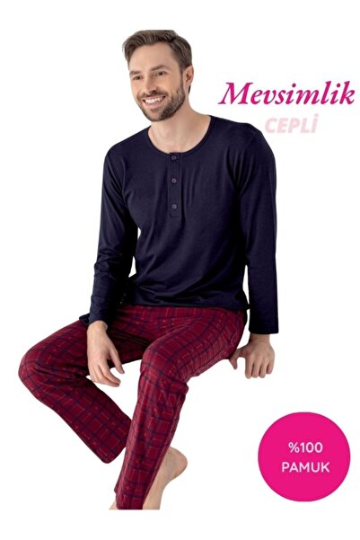 bie's Men's Plaid Pattern 100% Cotton Transitional Long Sleeve Pajama Set with Pockets