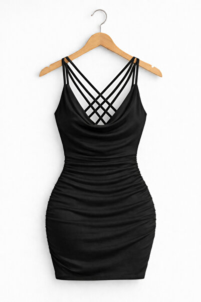 SİTRİNA Black Stylish Mini Dress with 3 Strings on the Back, Crossed Strings, Special Design, Gathered