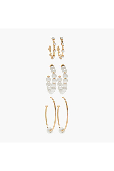 Lifestyle Pearl Embellished Hoop Earrings with Pushback Closure - Set of 3