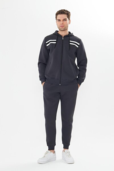 TRENDHİLL Men's Fleece Lined K Hooded Winter Tracksuit Set Anthracite 9520-A