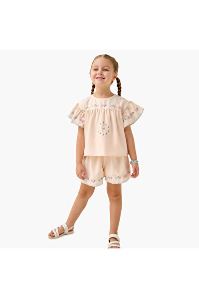 ELIGO Embroidered Ruffled Sleeve Top and Shorts Set